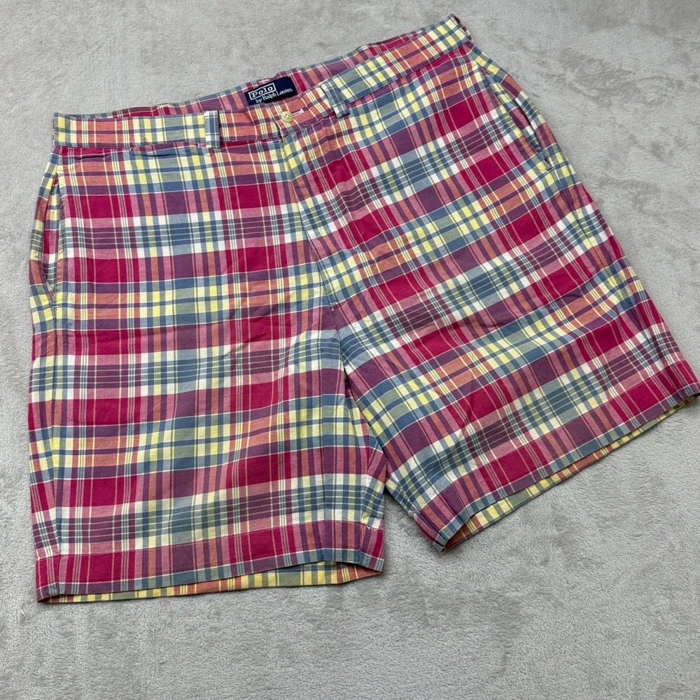 Vintage Polo Ralph Lauren Plaid Shorts Men 40 Multicolor Madras Cotton 8" Inseam